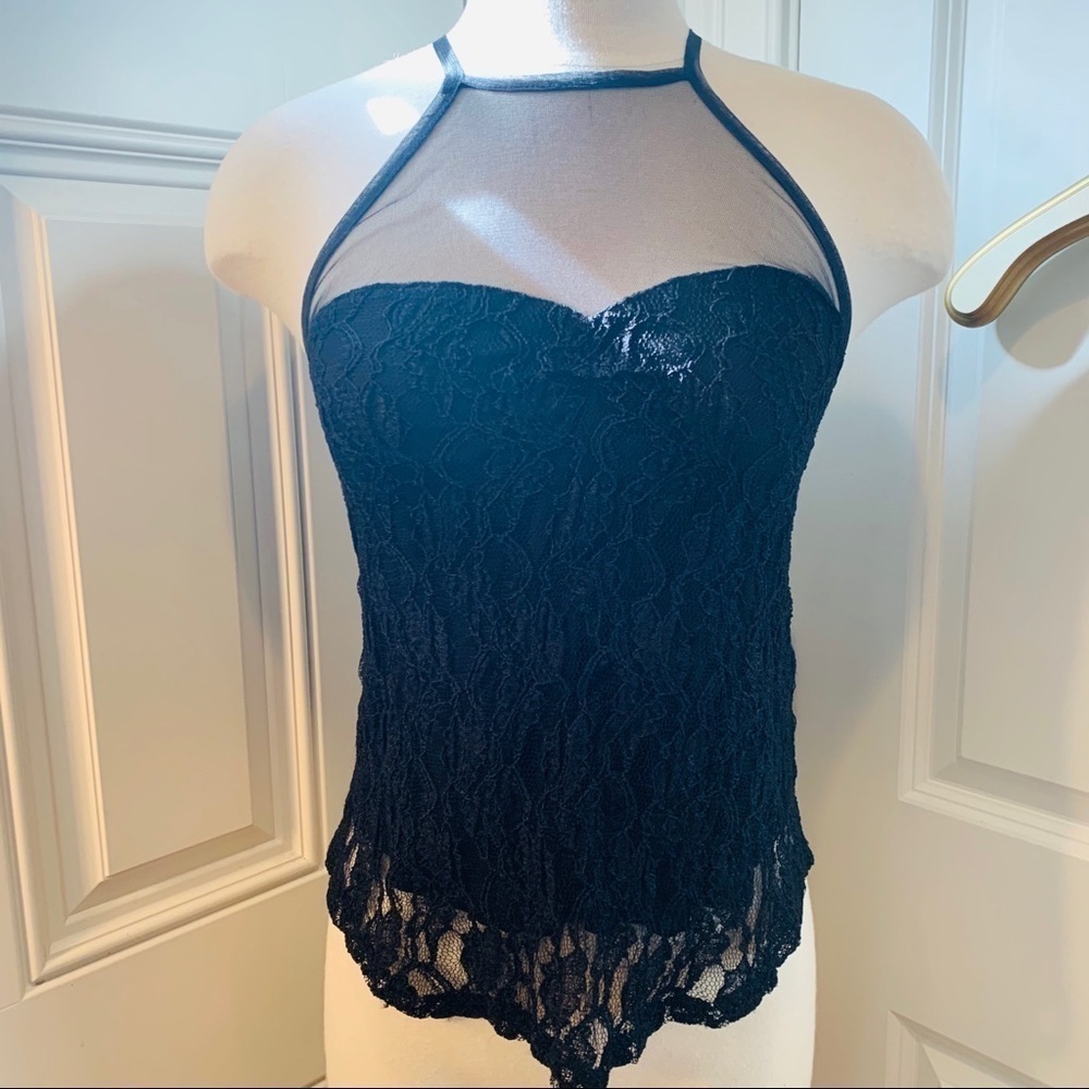 Kimchi Blue | Black Racerback Lace Lined Sheer Top Sleeveless Tank Shirt Top S